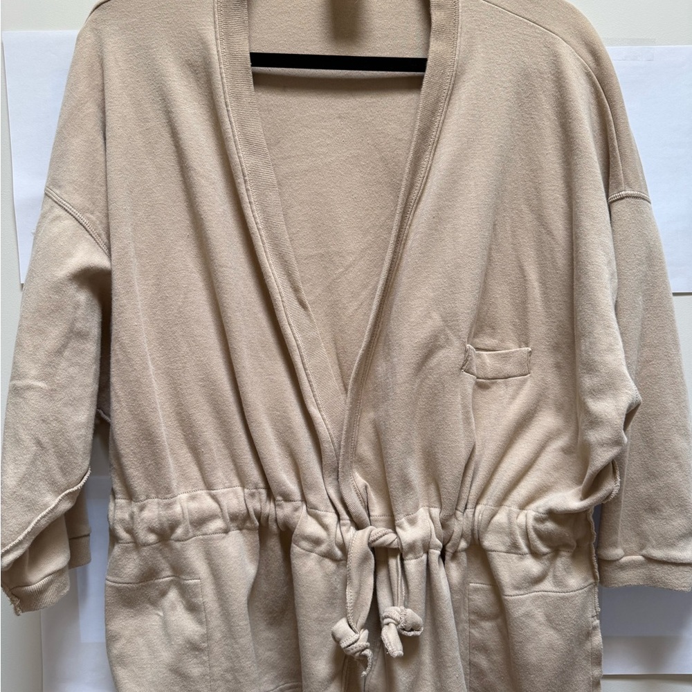 Vintage Sonia Rykiel Tan Cotton Knit Cardigan that ties closed and has 3 Pockets